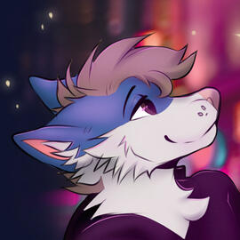 A blue wolf with brown hair and a white muzzle looks at the viewer, smiling wide.