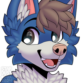 A blue wolf with brown hair and a white muzzle looks at the viewer, smiling wide.